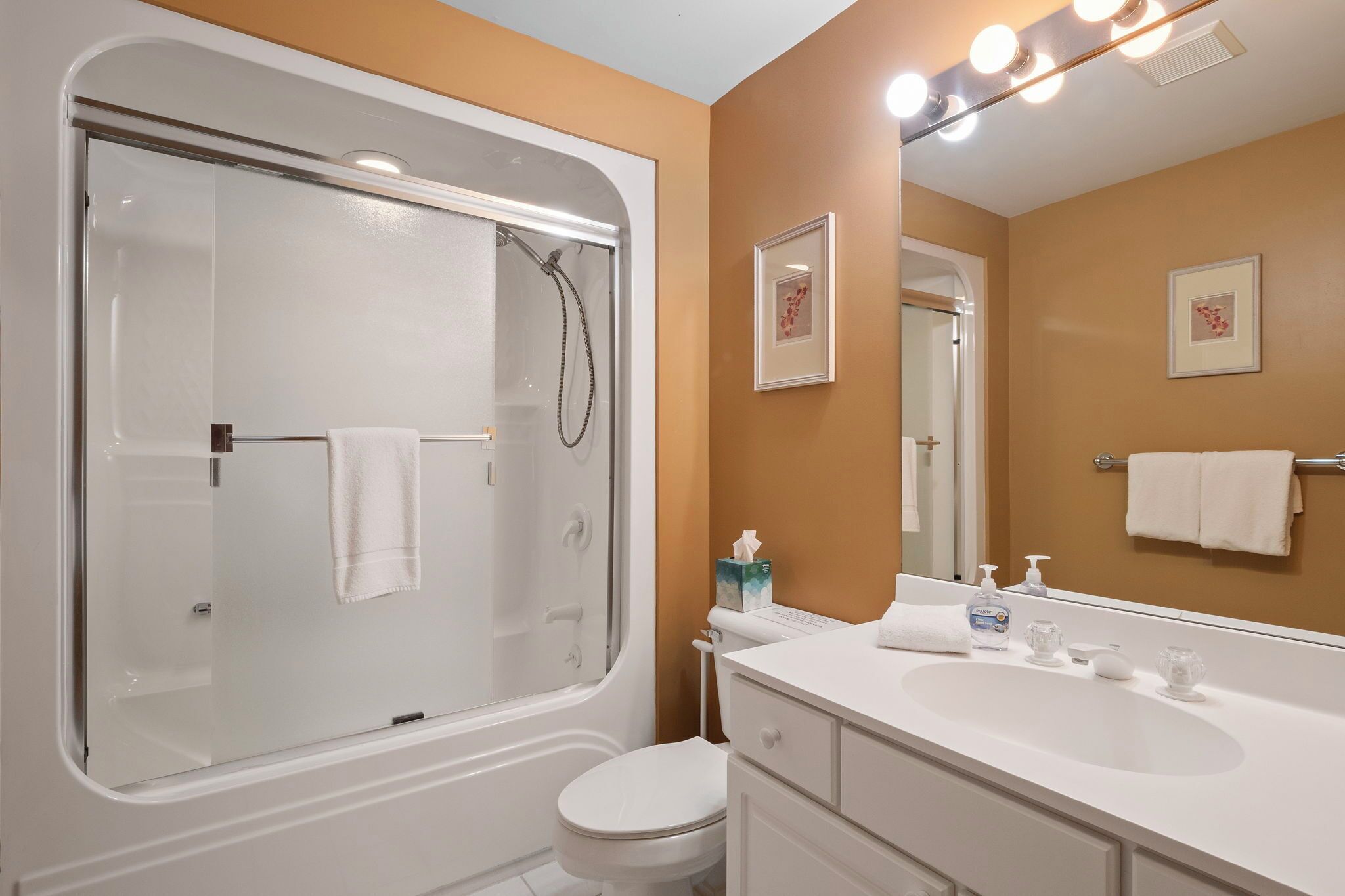 A bathroom with a glass-enclosed shower, a white toilet, and a sink with a mirror.