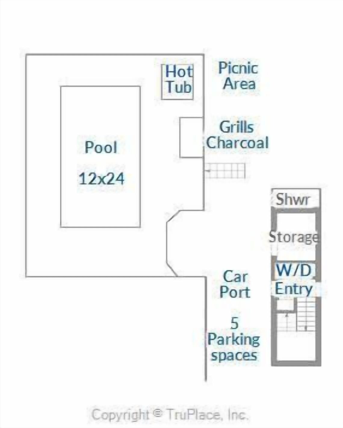 A floor plan with a 12x24 pool, picnic area, hot tub, grills, charcoal, car port, 5 parking spaces, and a storage/shower area.