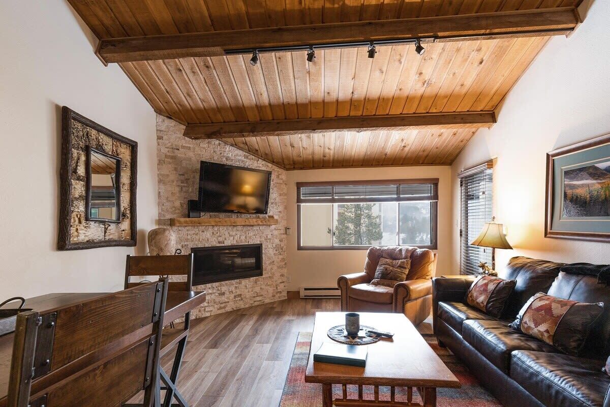 Tv, eldstad, dvd-spelare och kontor