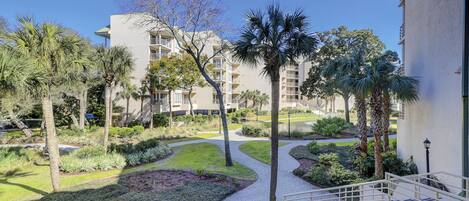 A landscaped courtyard with palm trees, a winding pathway, and a multi-story building with balconies.