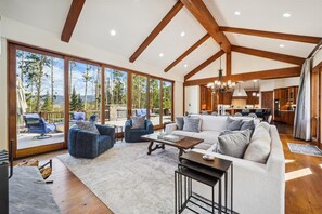 Flat-screen TV, fireplace, ping pong
