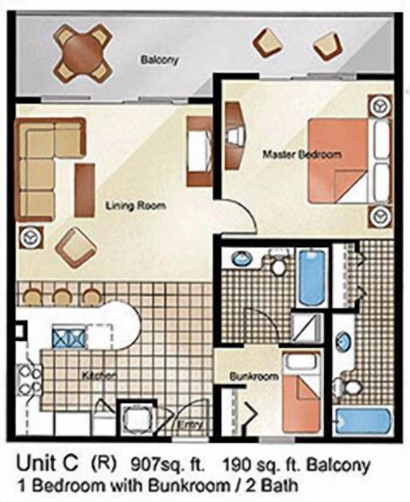 Un apartamento de un dormitorio con una habitación con literas y 2 baños, que incluye un dormitorio principal y un balcón.