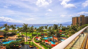 Um resort com área de piscina, palmeiras e vista para o oceano.