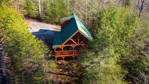 A cabin with a green roof and wooden structure, surrounded by dense forest. - Privacy~Sunset View~Pet Friendly~Pool Table~Air Hockey (SEVIERVILLE)