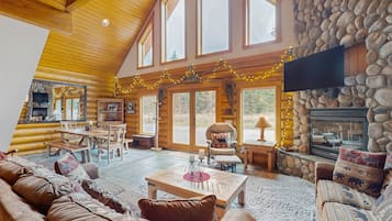 TV, fireplace, foosball, books