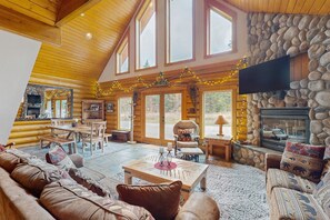 TV, fireplace, table football, books