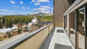 Un balcon offrant une vue sur une chaîne de montagnes enneigées et une vallée boisée.
