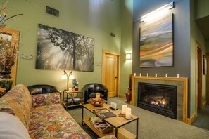 TV, fireplace, books