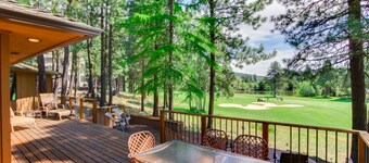 Resort home with pool, hot tub, three-tier decks, & golf course views