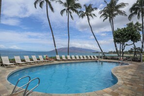 A pool area with lounge chairs and palm trees, overlooking a body of water and a mountain range.