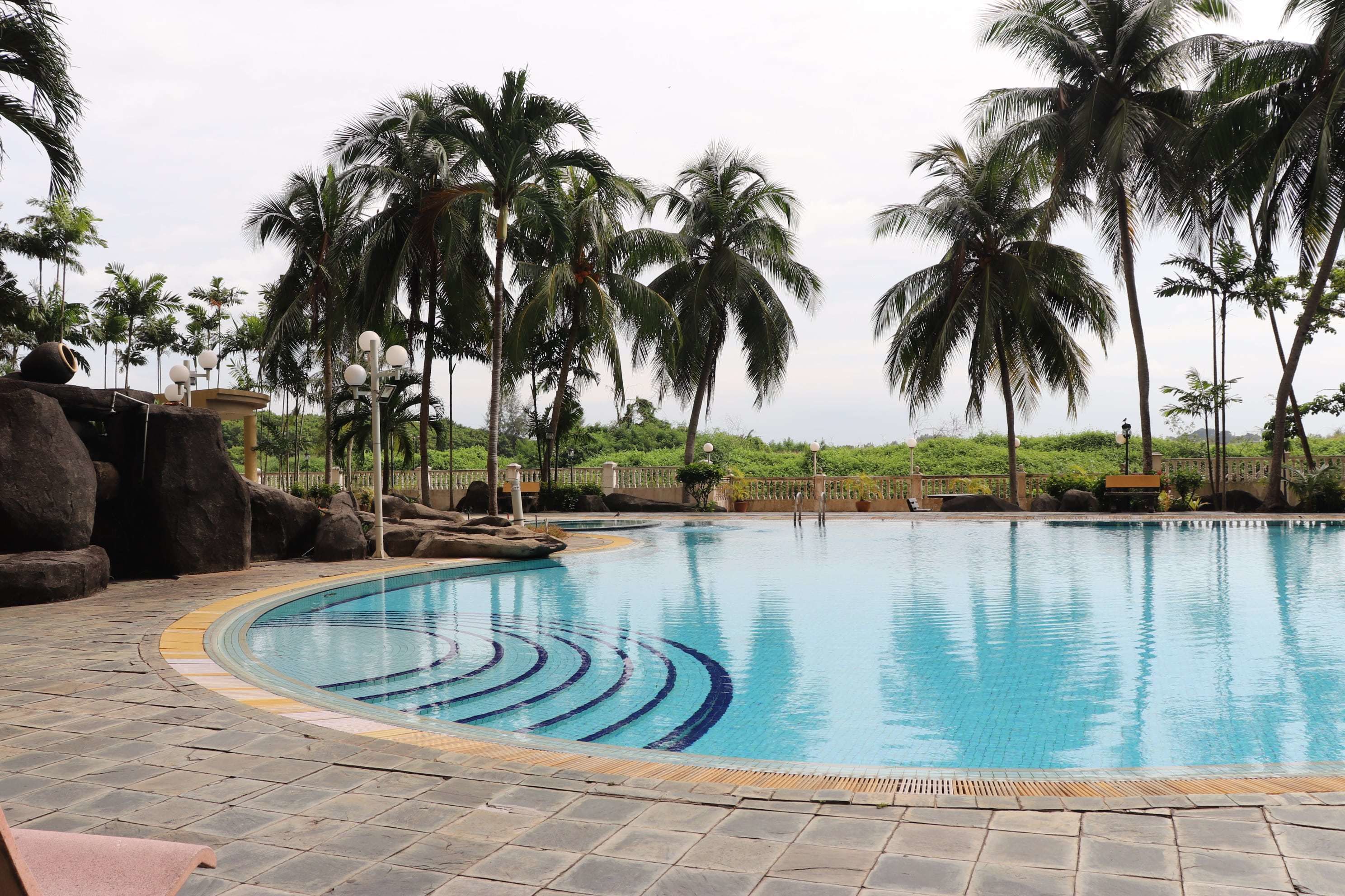 Een zwembad met betegelde rand, omgeven door palmbomen en rotsen.