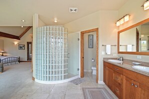 Combined shower/bathtub, hair dryer, towels