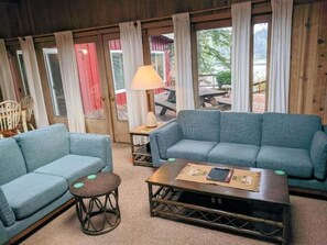 Fireplace, DVD player, table football, books