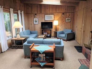 Fireplace, DVD player, table football, books