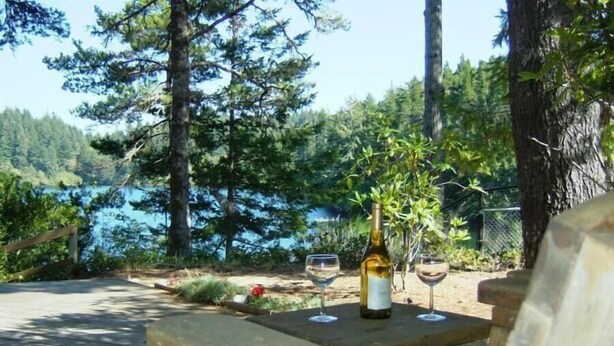 Una terraza de madera con una botella y vasos, con vistas a un lago y un bosque.