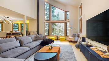 Télévision, cheminée, table de tennis de table, livres