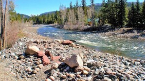 Une rivière aux rives rocheuses, avec des arbres en arrière-plan.
