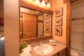 Combined shower/tub, hair dryer, towels