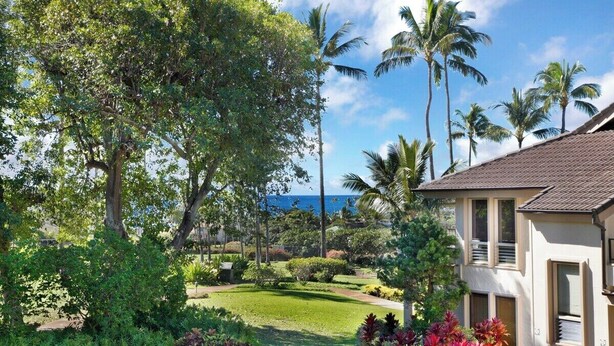 A lush garden with palm trees, a well-maintained lawn, and a building with a tiled roof.