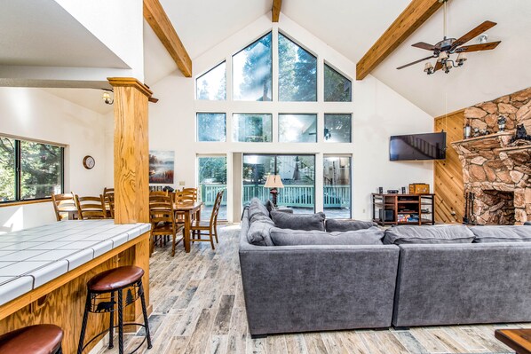 Télévision, cheminée, lecteur de DVD, chaîne hi-fi