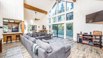 Televisión, chimenea, reproductor de DVD, estéreo