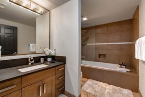 Combined shower/tub, hair dryer, shampoo