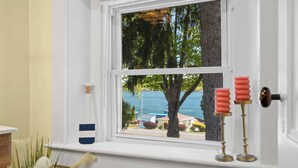 Una ventana con vista al mar, una puerta blanca y una planta pequeña en el alféizar.
