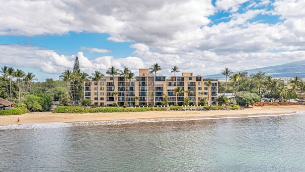 A beachfront hotel with multiple floors, palm trees, and a view of the ocean.