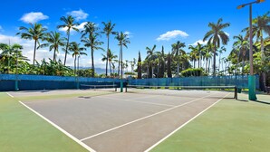 A tennis court with a net, surrounded by palm trees and a clear blue sky.
