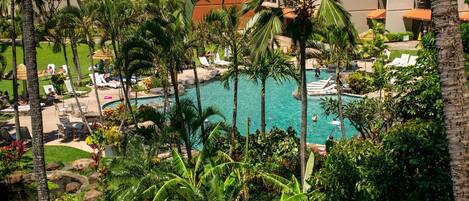A pool surrounded by palm trees and lounge chairs, with a building in the background.