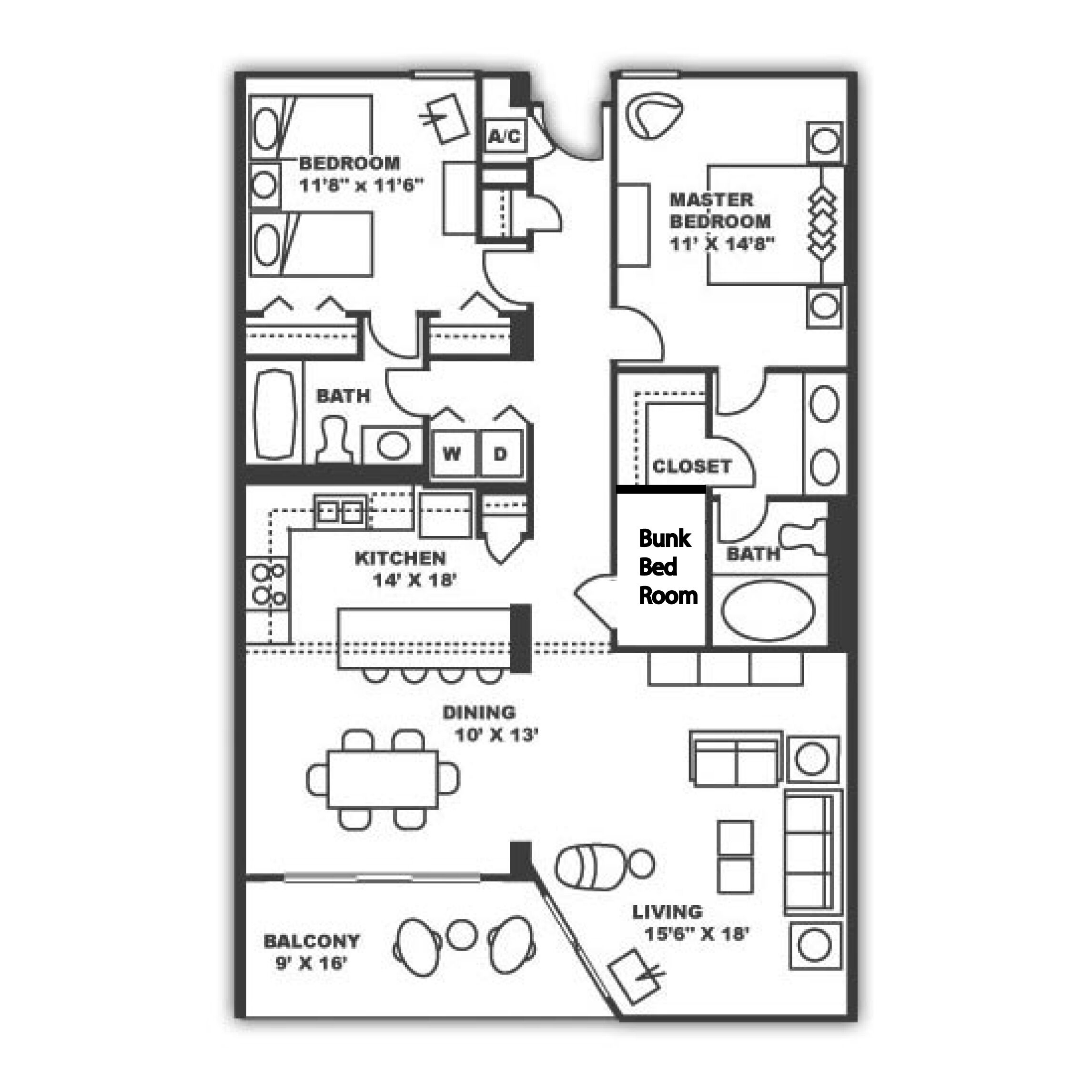 A floor plan of a hotel with a master bedroom, two standard bedrooms, a kitchen, dining area, living room, balcony, and a bunk room.