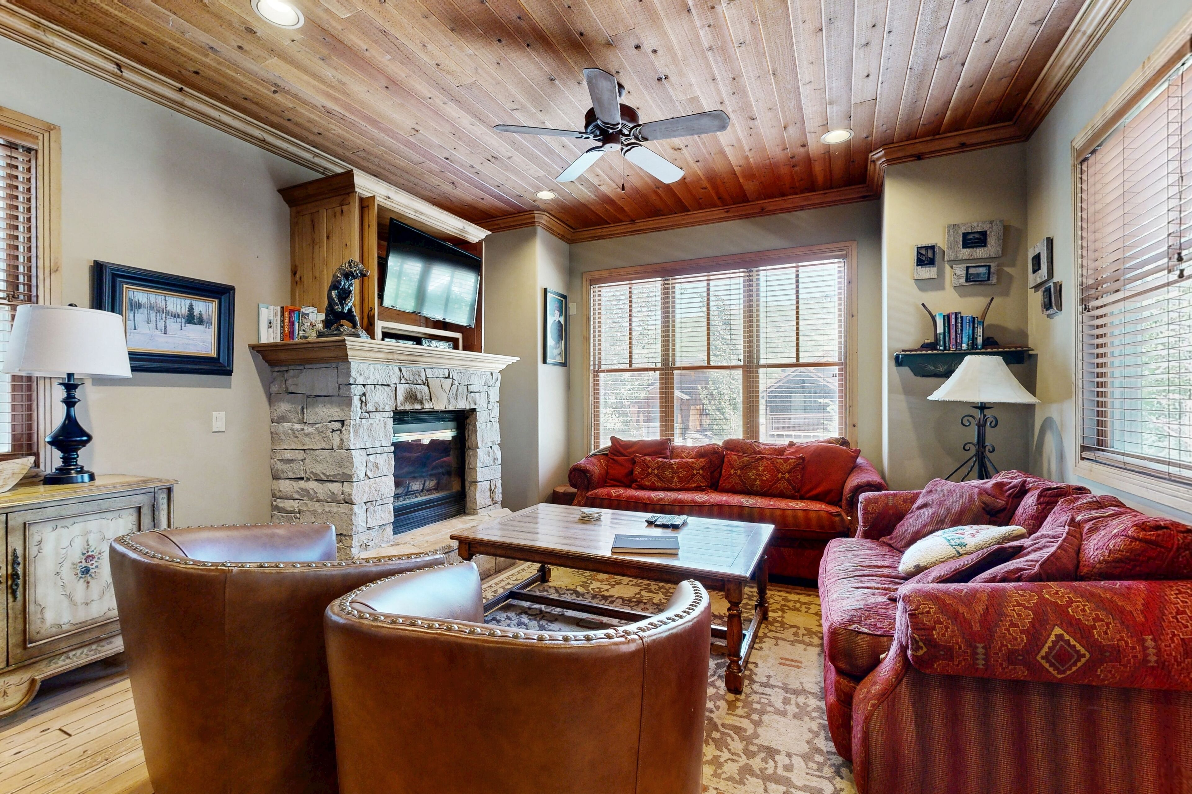 Una televisión, una chimenea, un reproductor de DVD