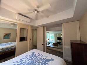 A hotel room with a bed, a ceiling fan, an air conditioning unit, a mirror, a door leading to a balcony, and a television.