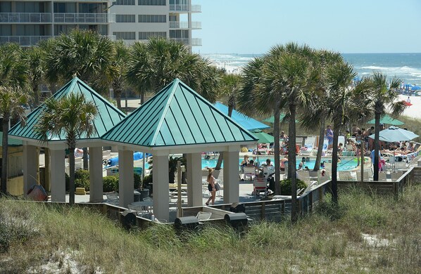 A beachside gazebo with a pool area, surrounded by palm trees and overlooking the ocean.