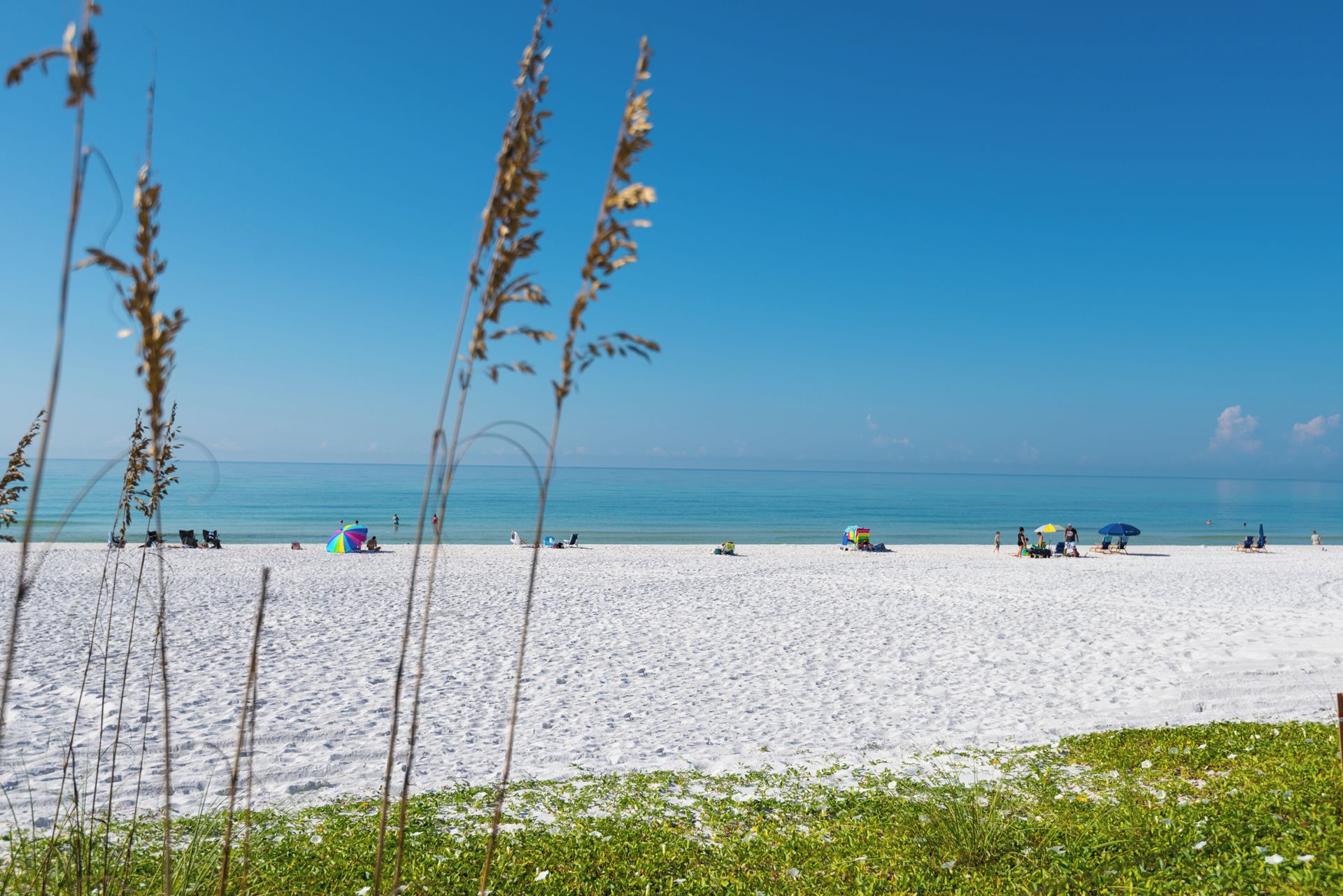 A beach with white sand and clear blue water. There are people and beach umbrellas.