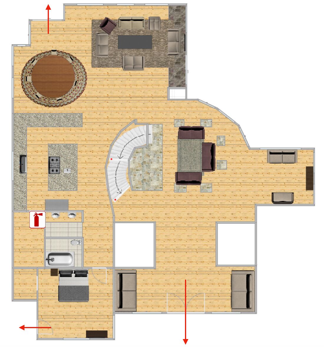 A floor plan of a hotel room with a circular seating area, a kitchen, a bathroom, and a small balcony.