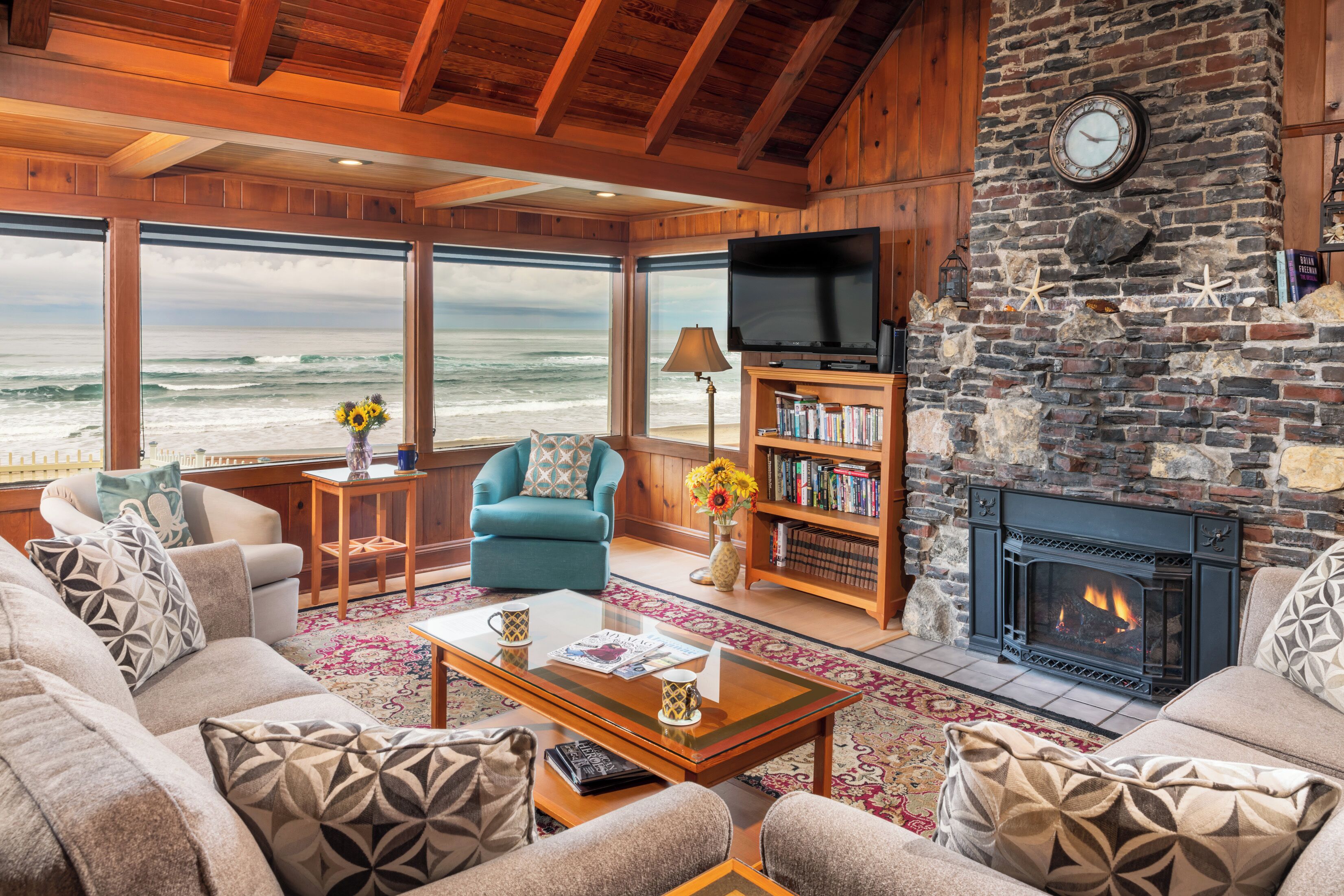 Smart TV, chimenea, reproductor de DVD y libros 