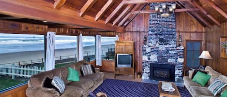 Smart TV, fireplace, DVD player, books