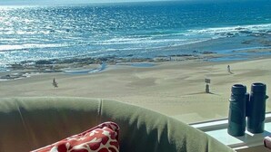 Blick auf einen Strand durch ein Fenster, mit einem grünen Sofa und einem roten Kissen mit Muster.