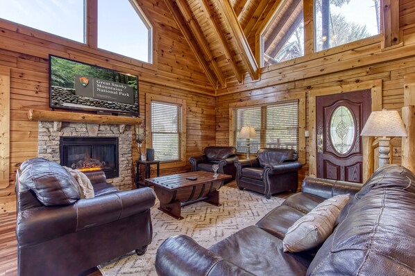 Smart TV, fireplace, video games, DVD player