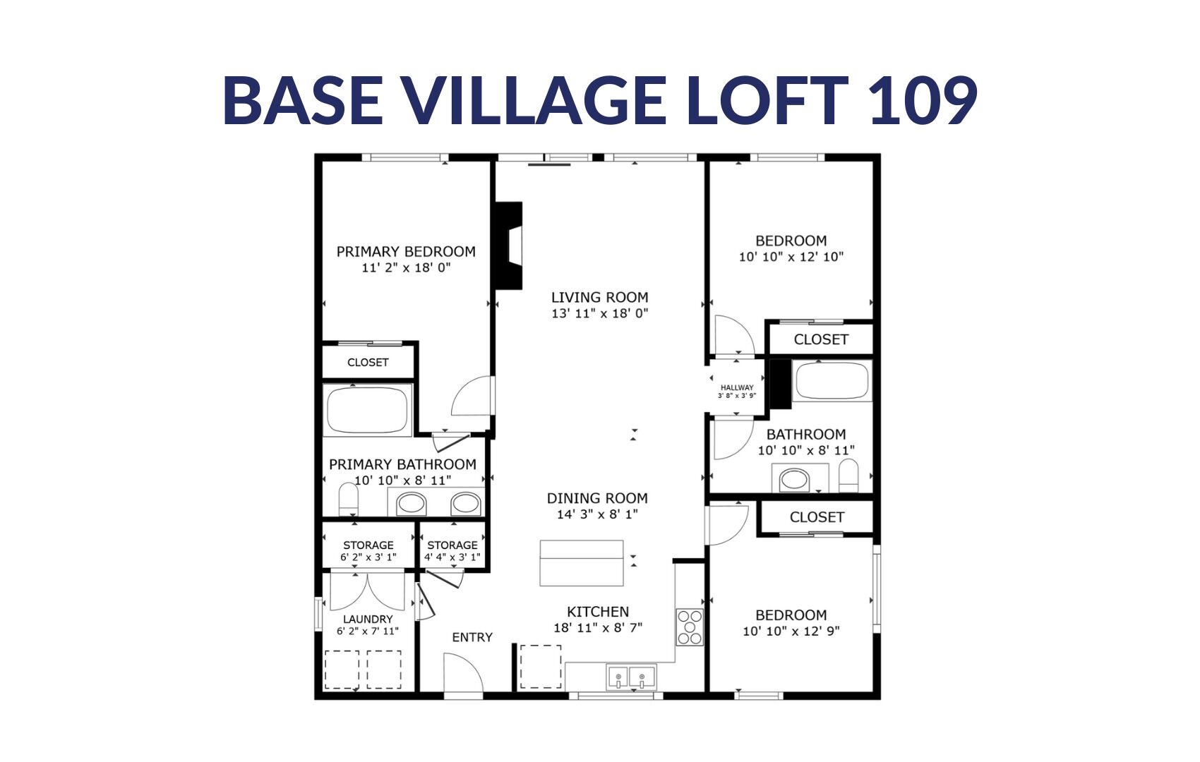 A floor plan of Base Village Loft T 109 with a primary bedroom, living room, dining room, kitchen, and two bedrooms.