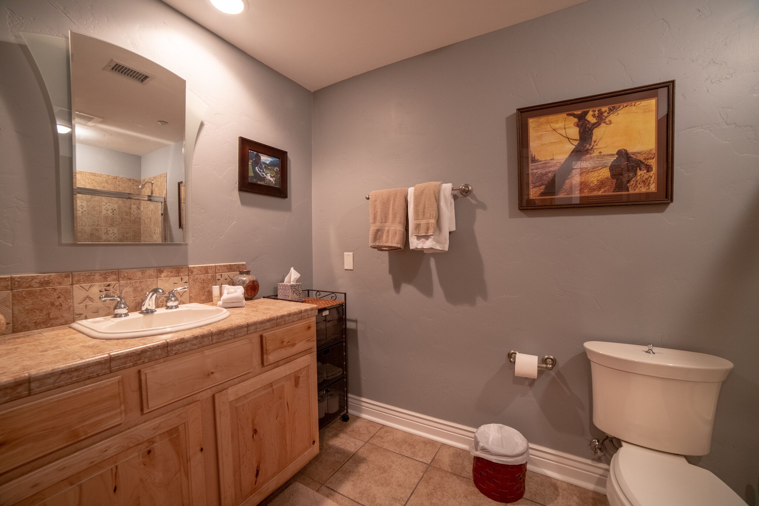 Une salle de bain équipée d’un lavabo, d’un miroir, d’un porte-serviettes, de toilettes et d’un tableau accroché au mur.