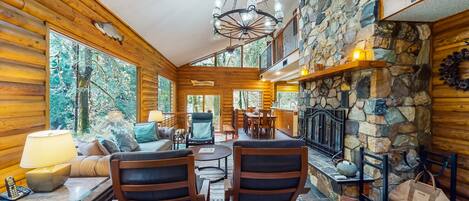 TV, fireplace, DVD player, books