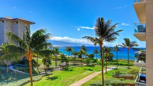 Een resort met uitzicht op de oceaan, palmbomen en een goed onderhouden tuin.