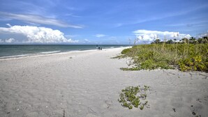 A beach with a clear sky, a sandy shore, and some vegetation.