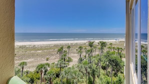 Uitzicht vanuit een raam op een strand met palmbomen en een heldere lucht.