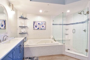 Shower, jetted tub, hair dryer, towels