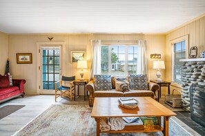 Télévision, cheminée, lecteur de DVD, livres