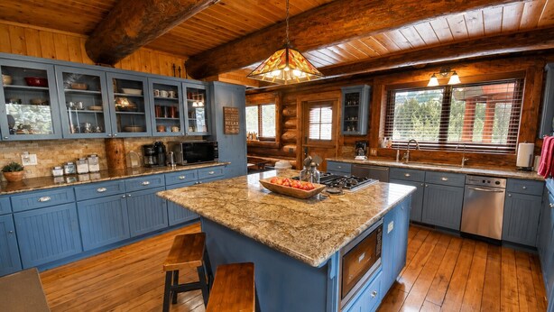 A spacious kitchen with blue cabinets, a granite island, wooden flooring, and a large window. - Rustic & Spacious Log Cabin w/Private Hot Tub, Amazing Views, 4 Miles to Ski (Durango)
