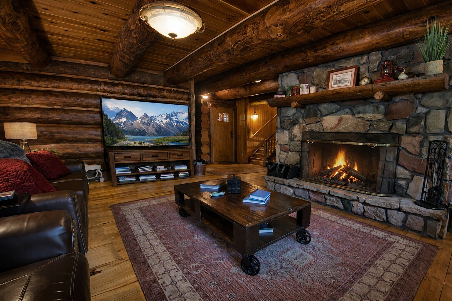 Smart TV, fireplace, books
